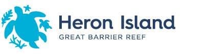 Logo of Heron Island, Great Barrier Reef, featuring a blue turtle silhouette with coral accents next to the text "Heron Island," highlighting its commitment to ecotourism and nature conservation.