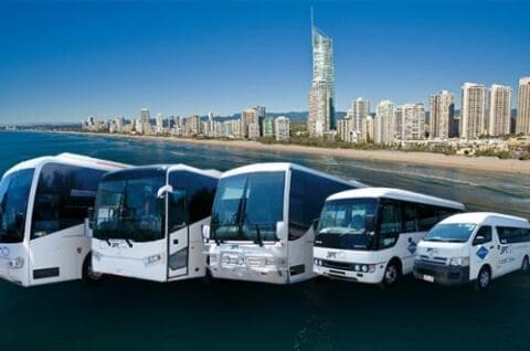 Five white buses and vans of varying sizes are parked side-by-side on a beach, ready for an ecotourism tour, with a cityscape of tall buildings in the background under a clear blue sky.