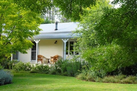 A quaint house with a corrugated metal roof is surrounded by lush nature. A porch features two wicker chairs and a small table. Trees and bushes frame the scene, creating a peaceful accommodation.