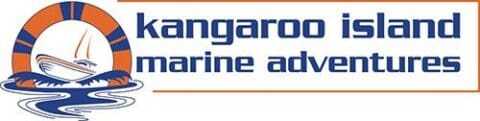 Logo of Kangaroo Island Marine Adventures featuring text and a graphic of a boat sailing on water with a sun or horizon in the background, highlighting their certification for sustainable practices.
