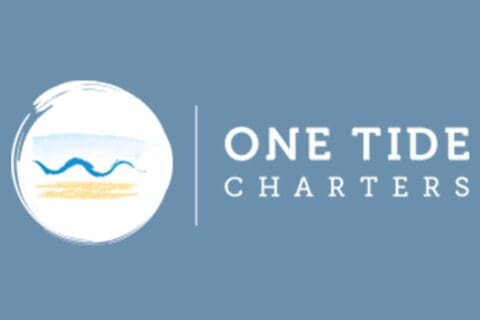 Logo for "One Tide Charters" featuring a stylized wave and sun illustration on a blue background, perfectly encapsulating the essence of One Tide Charters.