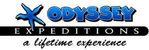 Logo of Odyssey Expeditions featuring a blue starfish, the company name in blue and black text, and the tagline "a lifetime experience" underneath, emphasizing sustainable tours immersed in nature.