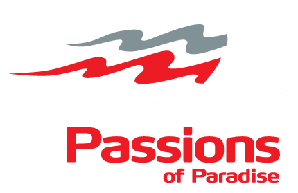 Logo with stylized waves in red, gray, and white, resembling a boat sail. The text "Passions of Paradise" is written below in red. It embodies the spirit of ecotourism and sustainable travel experiences, reflecting a strong connection to nature.