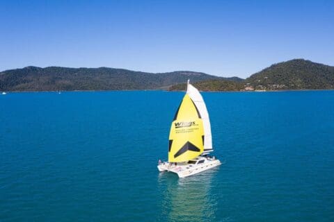 A catamaran with a yellow sail glides on clear blue water in the Whitsundays, framed by forested hills under a clear blue sky, offering unforgettable sailing charters.